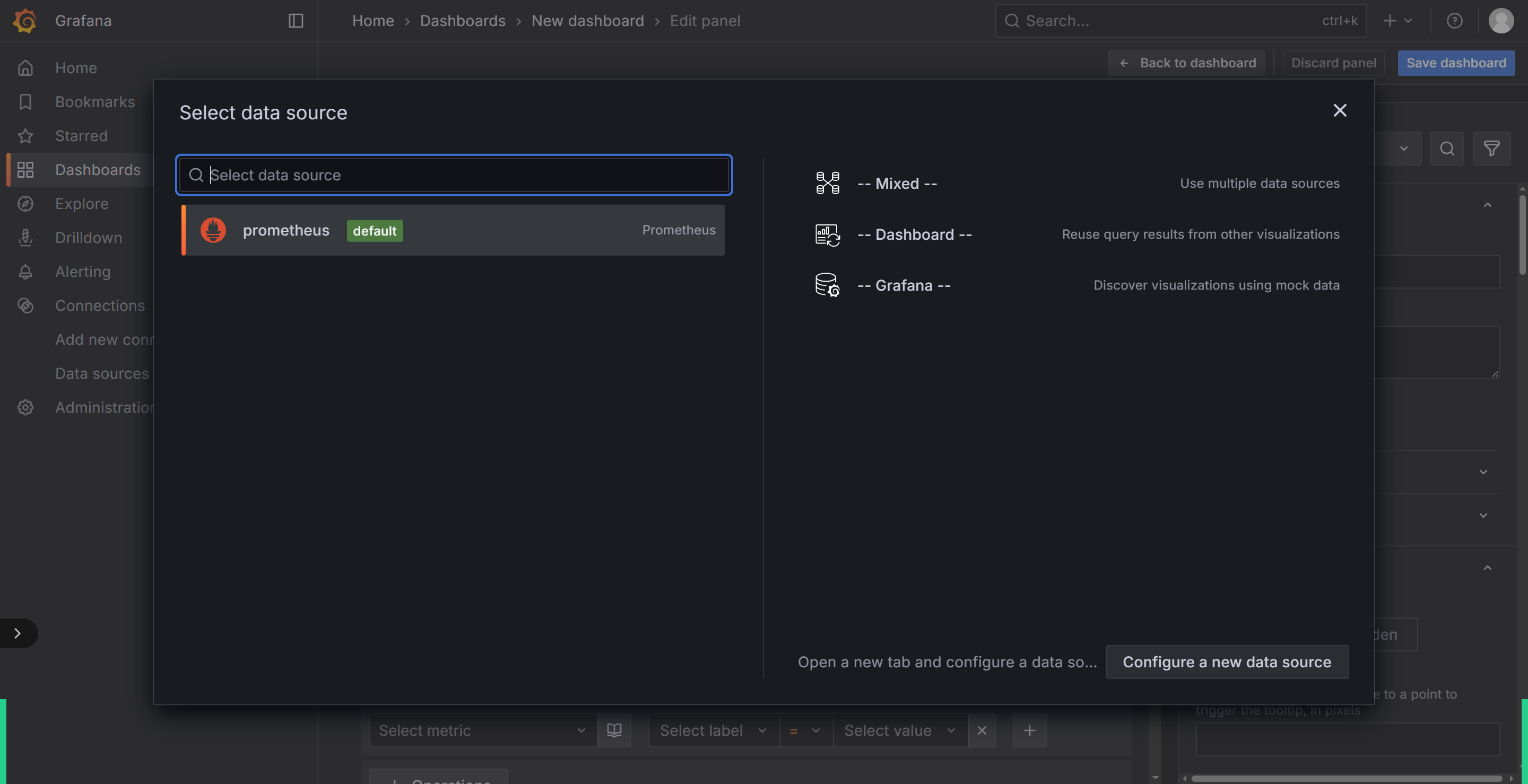 Grafana 面板编辑时选择 Prometheus 数据源
